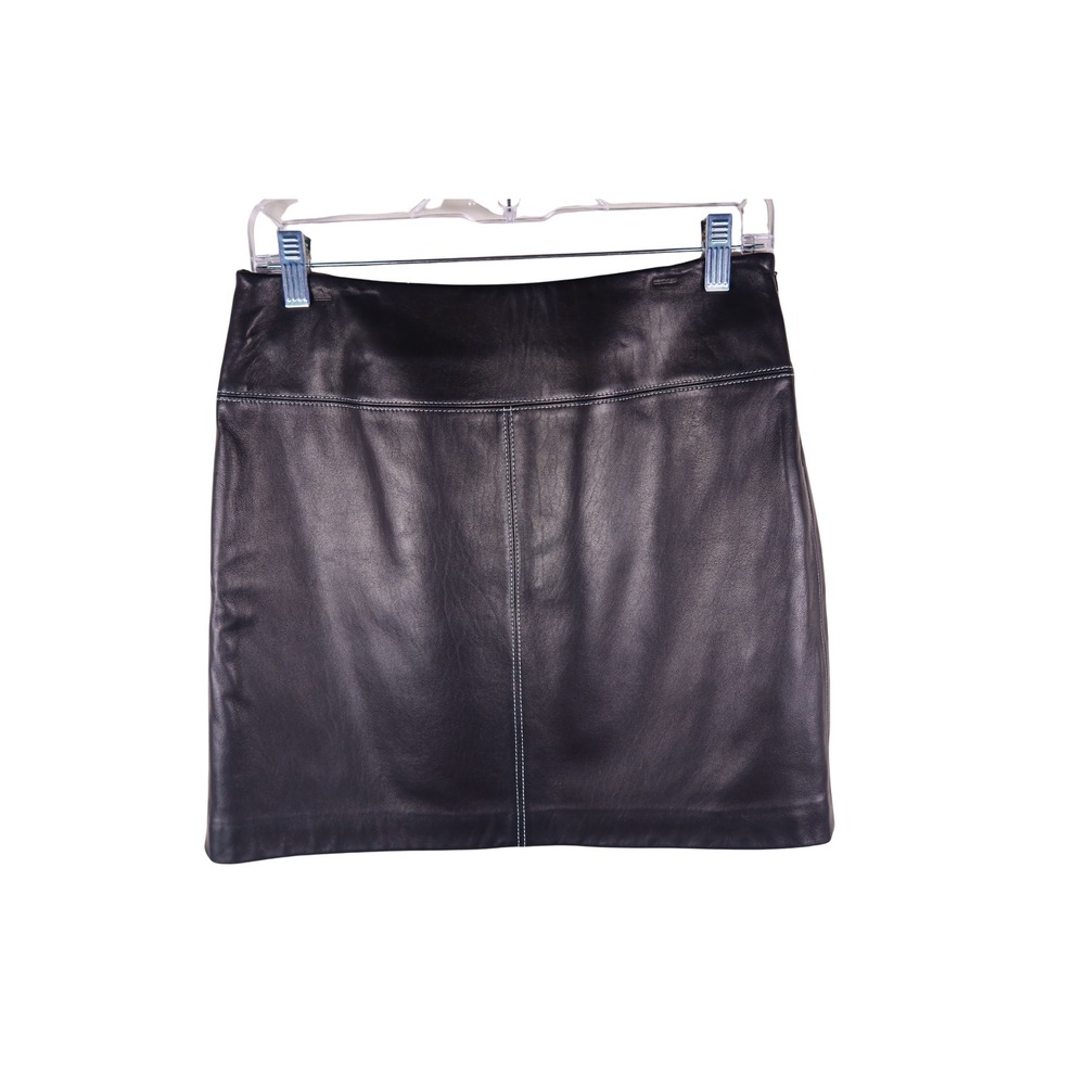 Context Black Leather Mini Skirt with White Contrast Stitching Size 6P